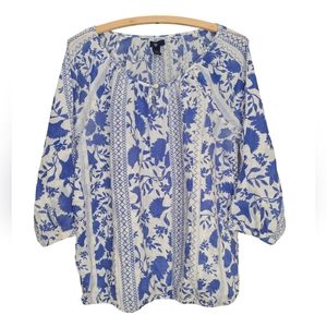 Gap Bohemian Blouse, Lightweight Blue and White Peasant Shirt, Women's MEDIUM
